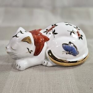 Vintage Sleeping Cat w/ Butterflies Gold Rim Figurine Takahashi San Francisco 6"